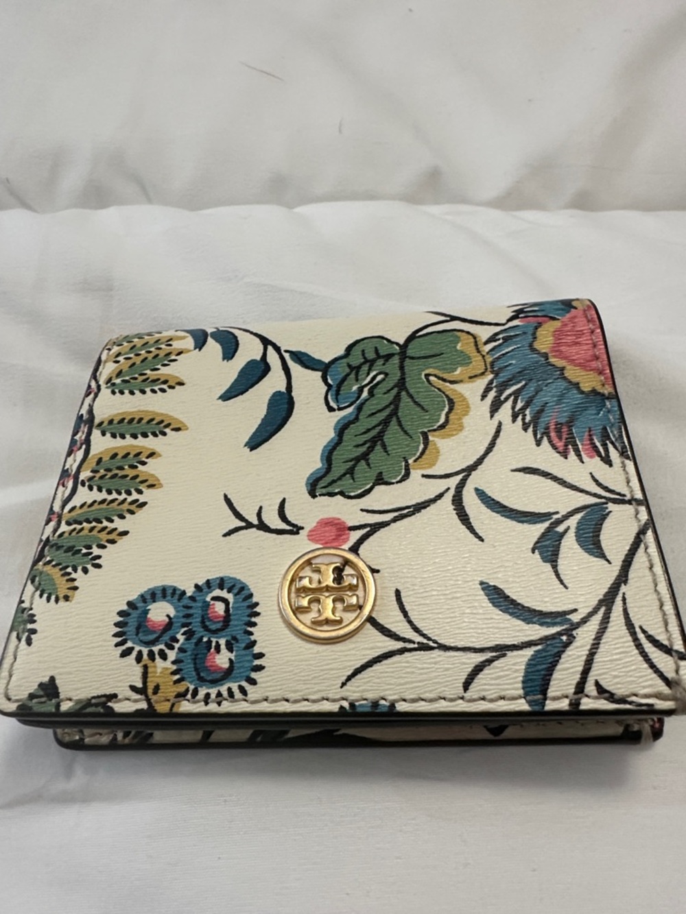 Tory Burch Floral Cream Leather Compact/Small Wallet with Gold Logo
